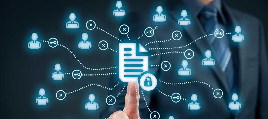 A conceptual graphic illustrating secure data sharing. At the center is a digital document icon with a padlock symbol, suggesting data security. Dotted lines connect the document to multiple icons of users, some with key symbols (indicating access) and others with an X (indicating restricted access). A businessperson in a suit is visible in the background, with their finger touching the document icon, representing control or initiation of data sharing..