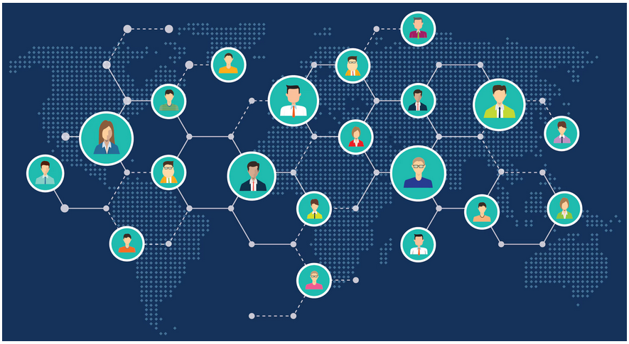 Illustration of a world map overlaid with a digital network of connected dots and lines. Over various regions, circular icons display diverse cartoon-style avatars of people, symbolizing a global, interconnected community. The nodes and connections emphasize international collaboration, data sharing, and networking across geographic boundaries.